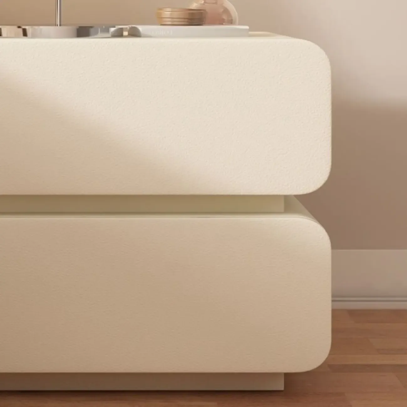 Scandinavian Off-White Pine Leather 2-Drawer Nightstand Image - 7