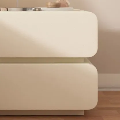 Scandinavian Off-White Pine Leather 2-Drawer Nightstand Image - 7