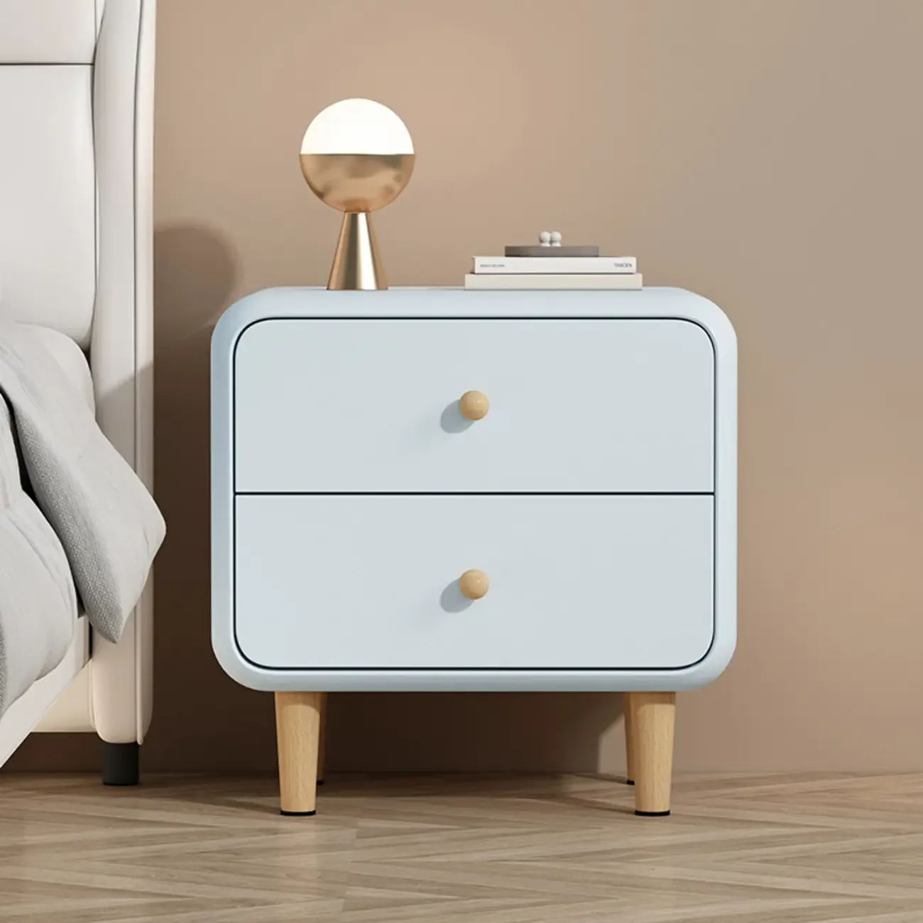 Modern Small Wood 2 Drawer Nightstand with Legs Image - 5