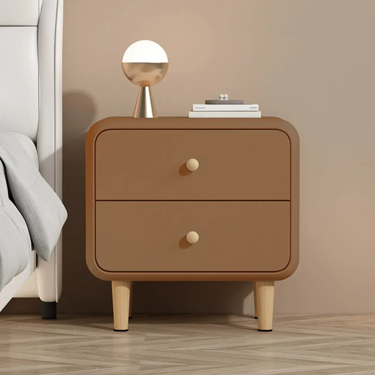 Modern Small Wood 2 Drawer Nightstand with Legs Image - 11