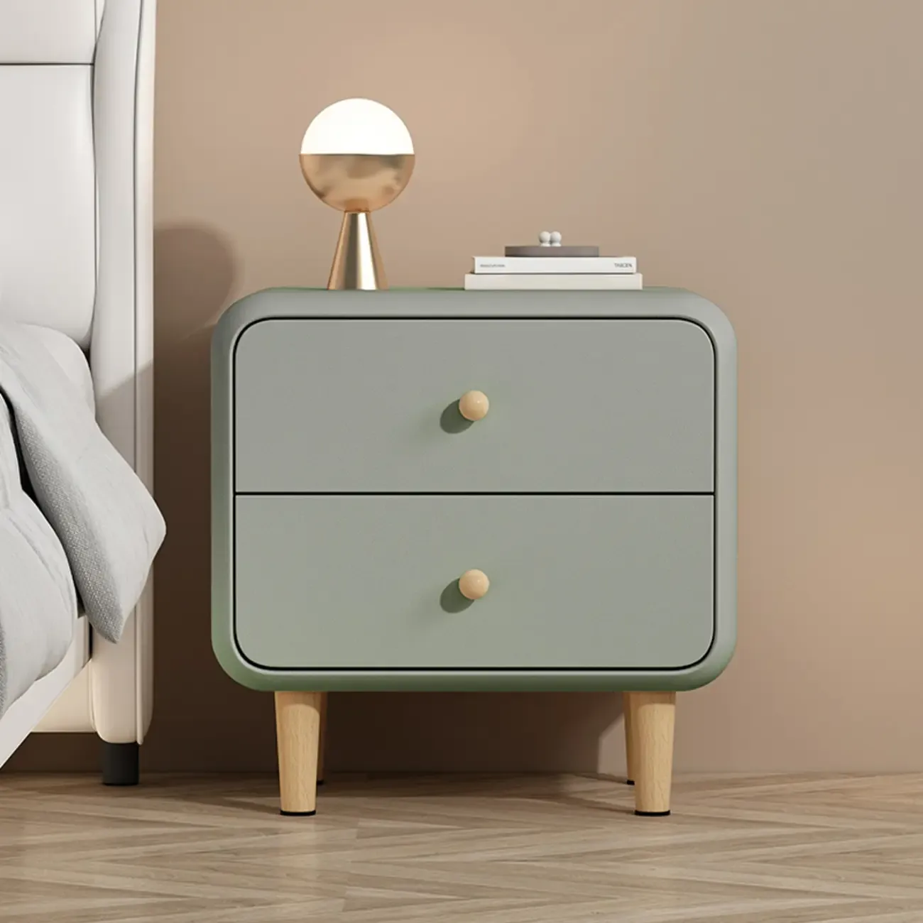 Modern Small Wood 2 Drawer Nightstand with Legs Image - 12