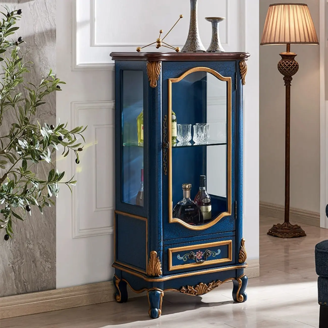 Traditional Tall Wood Blue Display China Cabinet Image - 2 | homeyfad