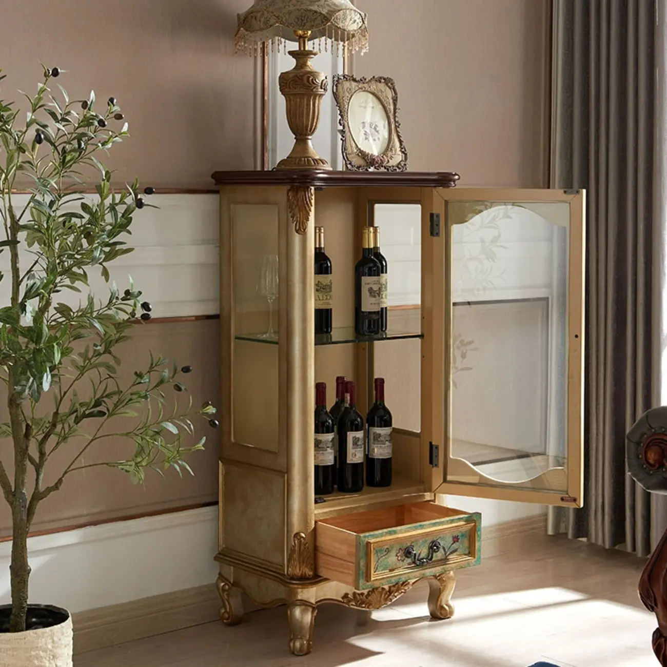 Traditional Tall Wood Blue Display China Cabinet Image - 3 | homeyfad