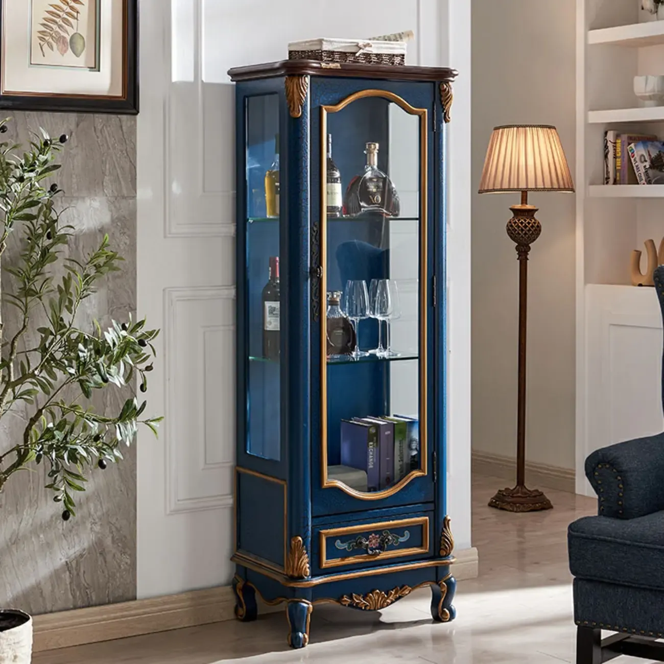 Traditional Tall Wood Blue Display China Cabinet Image - 7