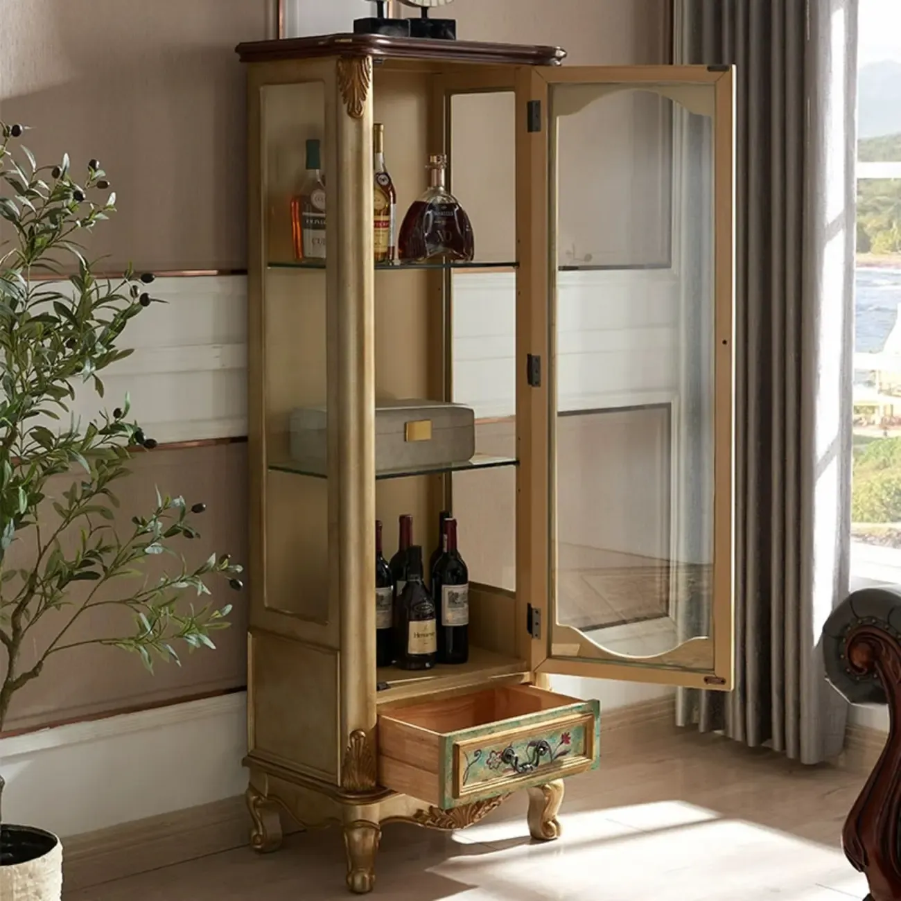 Traditional Tall Wood Blue Display China Cabinet Image - 9