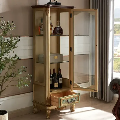 Traditional Tall Wood Blue Display China Cabinet Image - 9