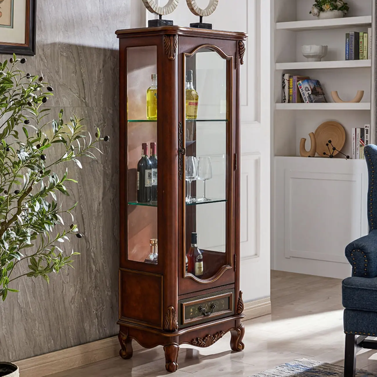 Traditional Tall Wood Blue Display China Cabinet Image - 11 | homeyfad