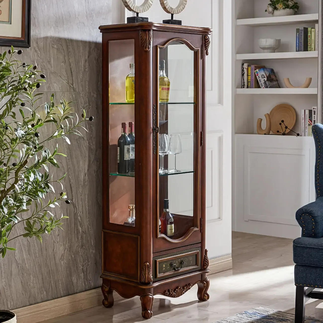 Traditional Tall Wood Blue Display China Cabinet Image - 11