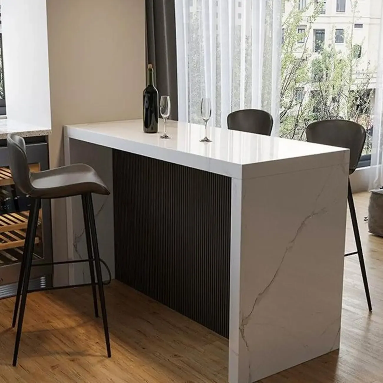 Modern Gloss White Stone Black Wood Sled Bar Tables Image - 1