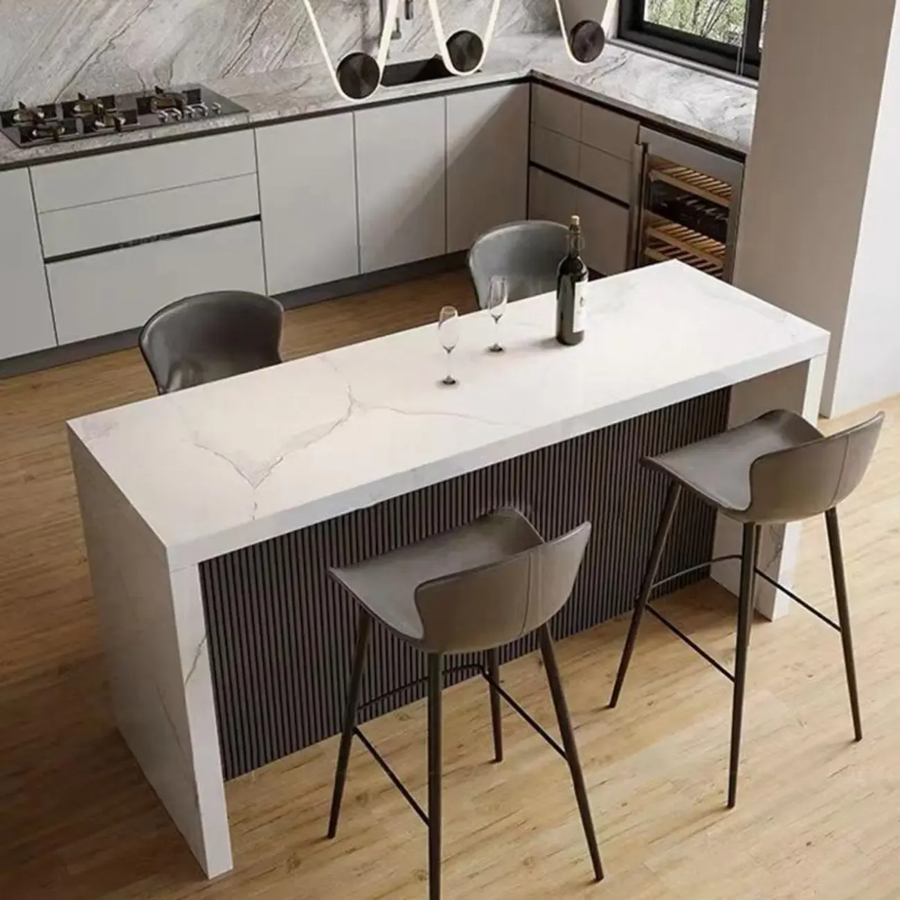 Modern Gloss White Stone Black Wood Sled Bar Tables Image - 2