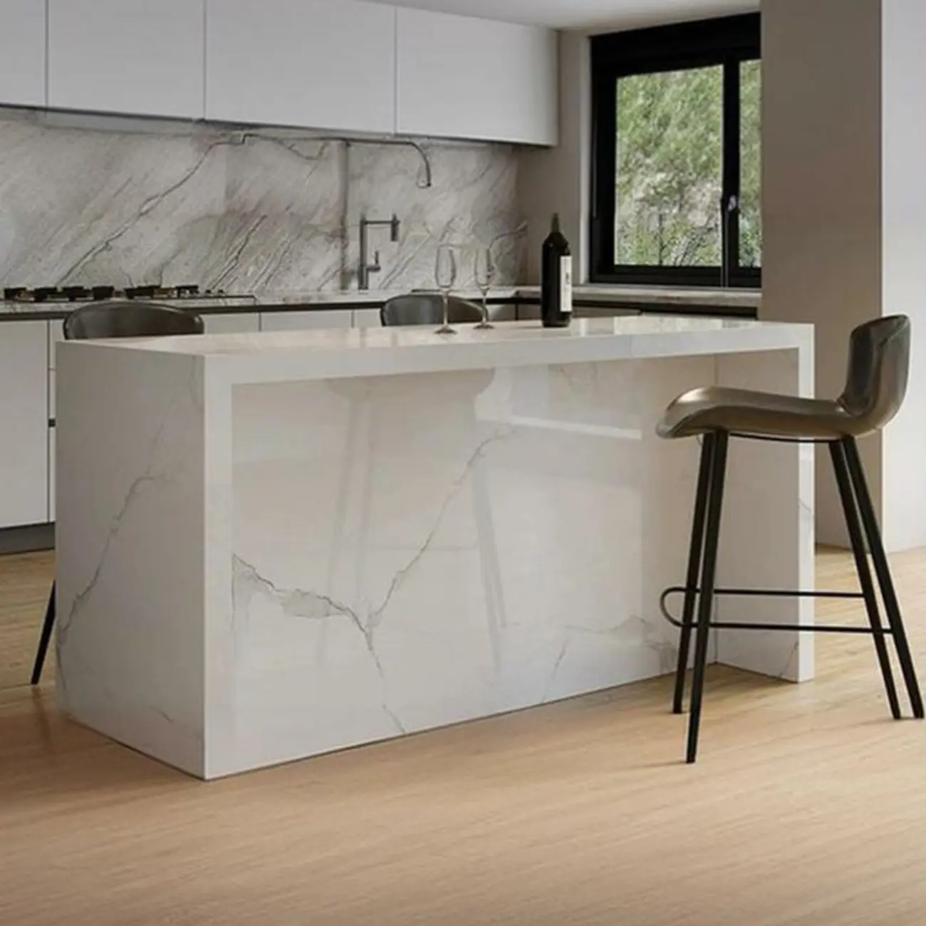 Modern Gloss White Stone Black Wood Sled Bar Tables Image - 6 | homeyfad