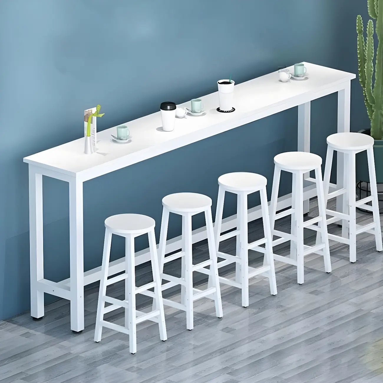 Simple White Rectangular Wood Bar Table With Footrest Image - 2 | homeyfad