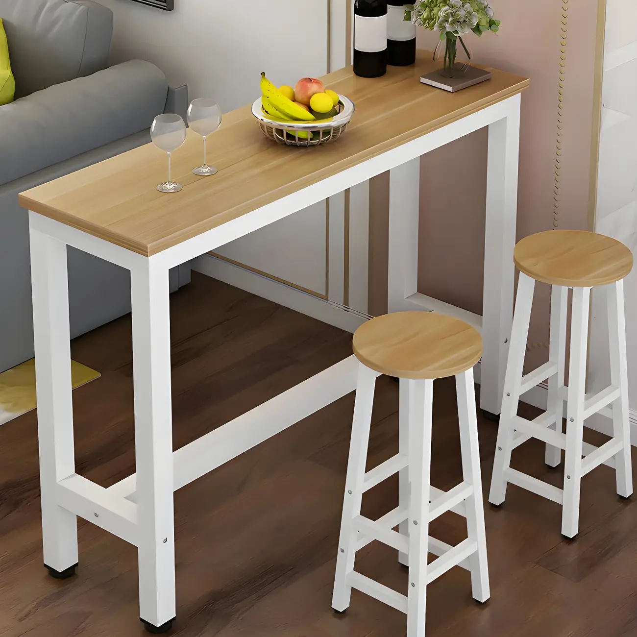 Simple White Rectangular Wood Bar Table With Footrest Image - 9 | homeyfad