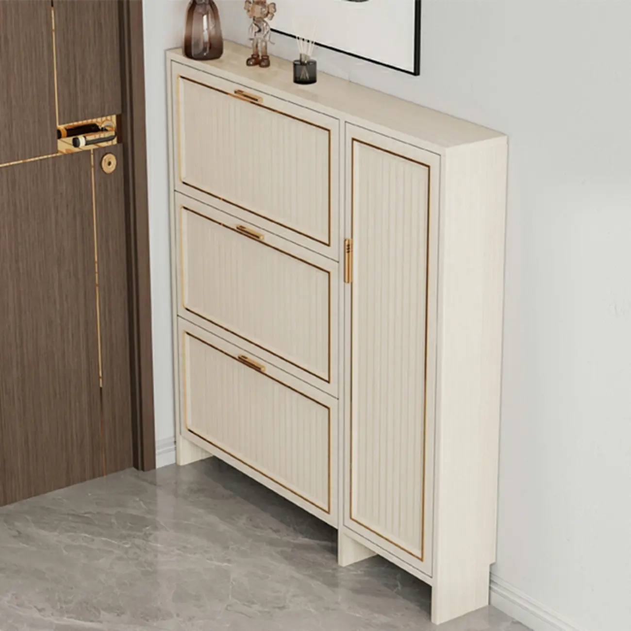 Metal White Drop Front Shoe Cabinet with Textured Panels Image - 2 | homeyfad