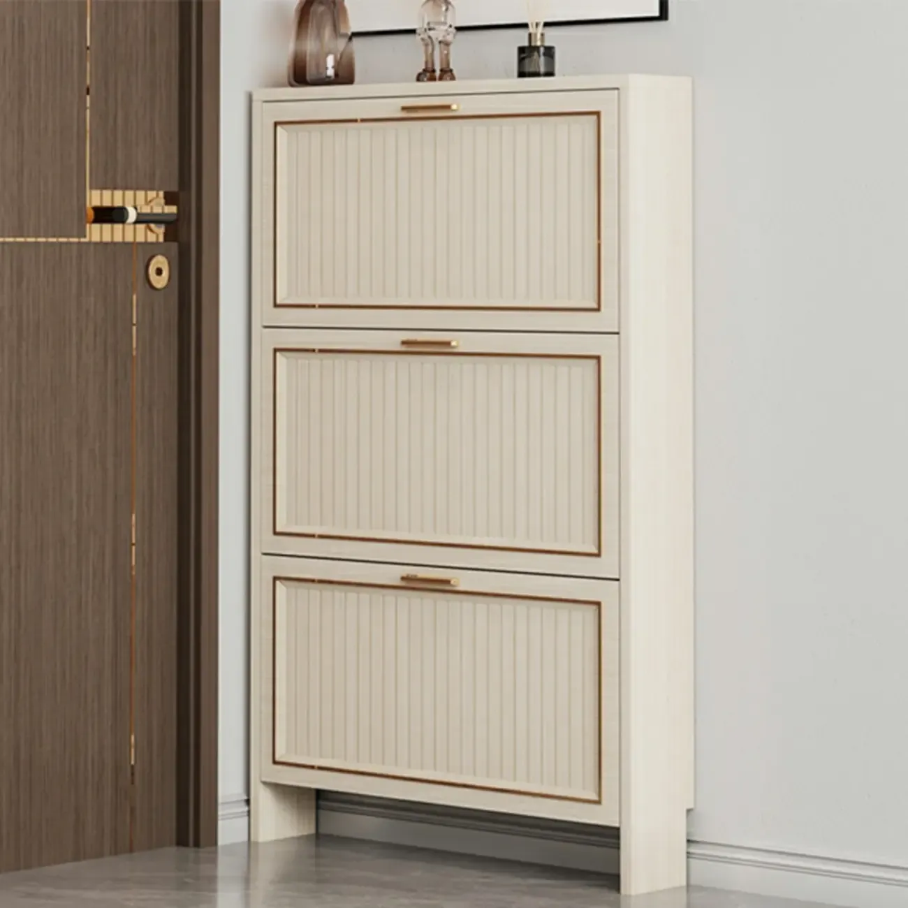 Metal White Drop Front Shoe Cabinet with Textured Panels Image - 3
