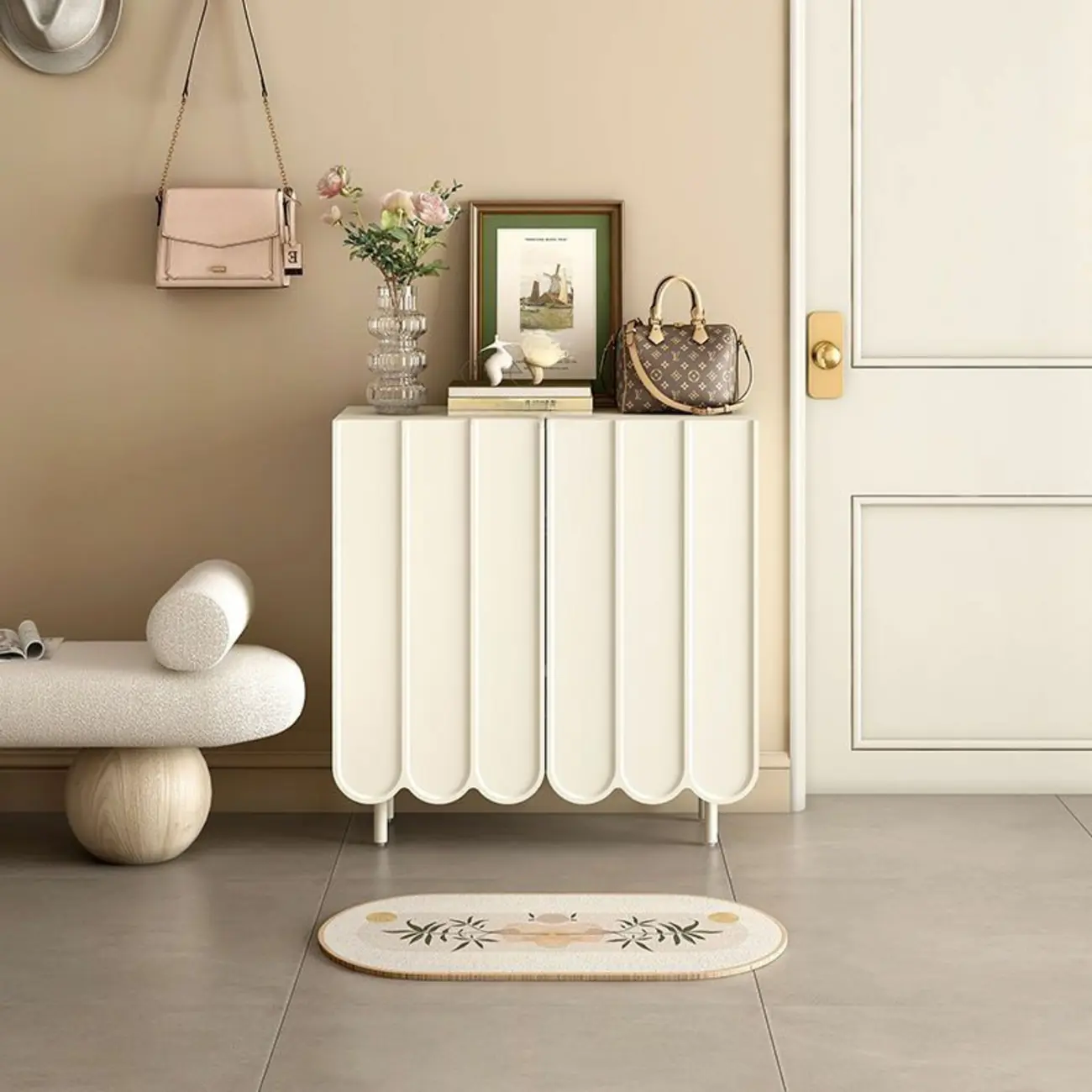 Entryway White Wooden Fluted Front Shoe Cabinet Image - 2 | homeyfad