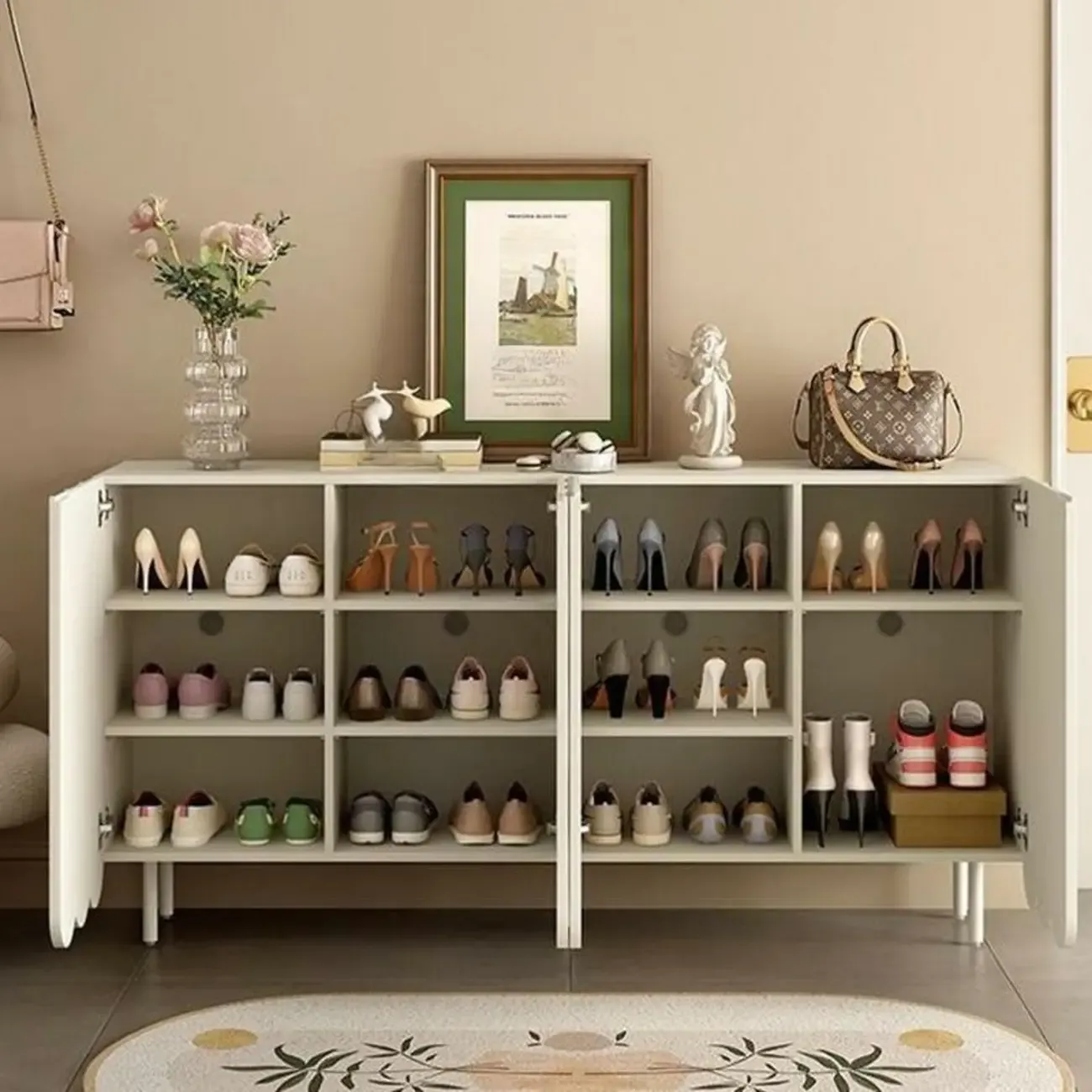 Entryway White Wooden Fluted Front Shoe Cabinet Image - 4