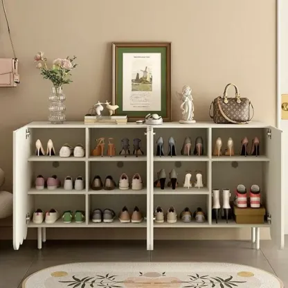 Entryway White Wooden Fluted Front Shoe Cabinet Image - 4