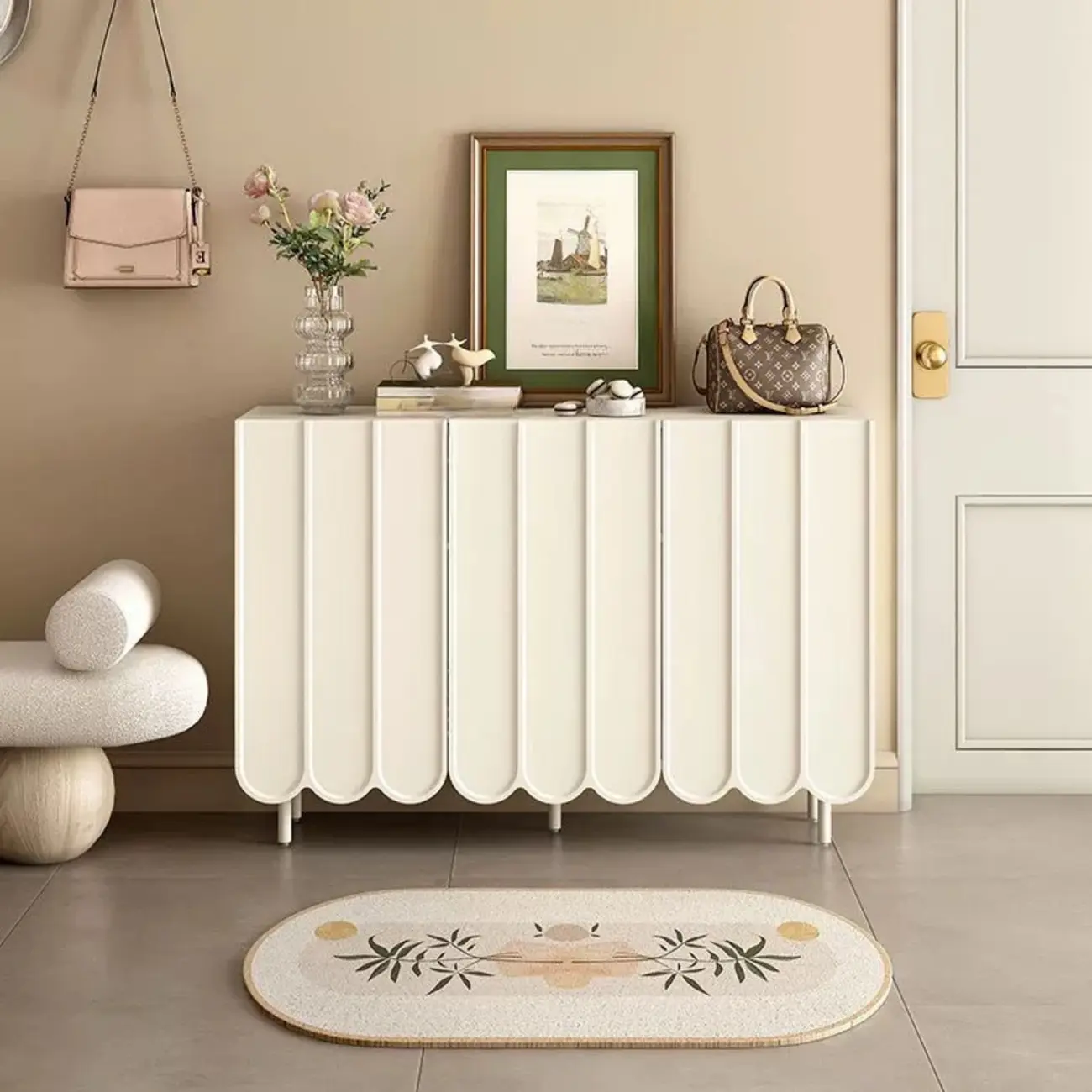 Entryway White Wooden Fluted Front Shoe Cabinet Image - 5 | homeyfad