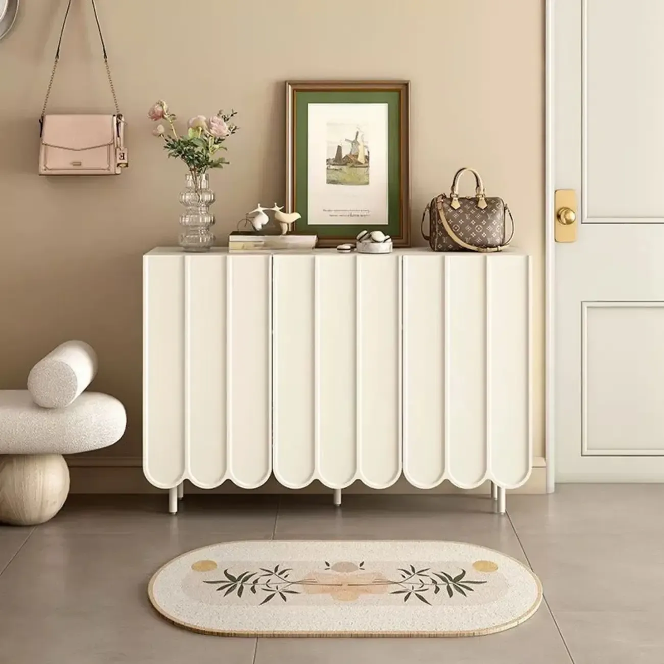 Entryway White Wooden Fluted Front Shoe Cabinet Image - 5