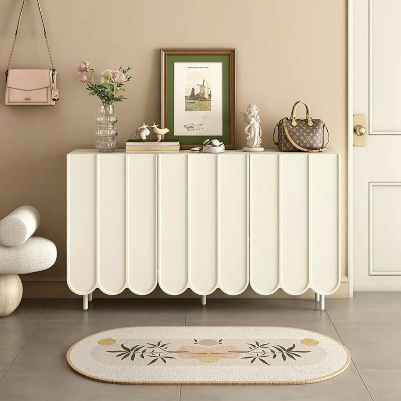Entryway White Wooden Fluted Front Shoe Cabinet Image - 7 | homeyfad