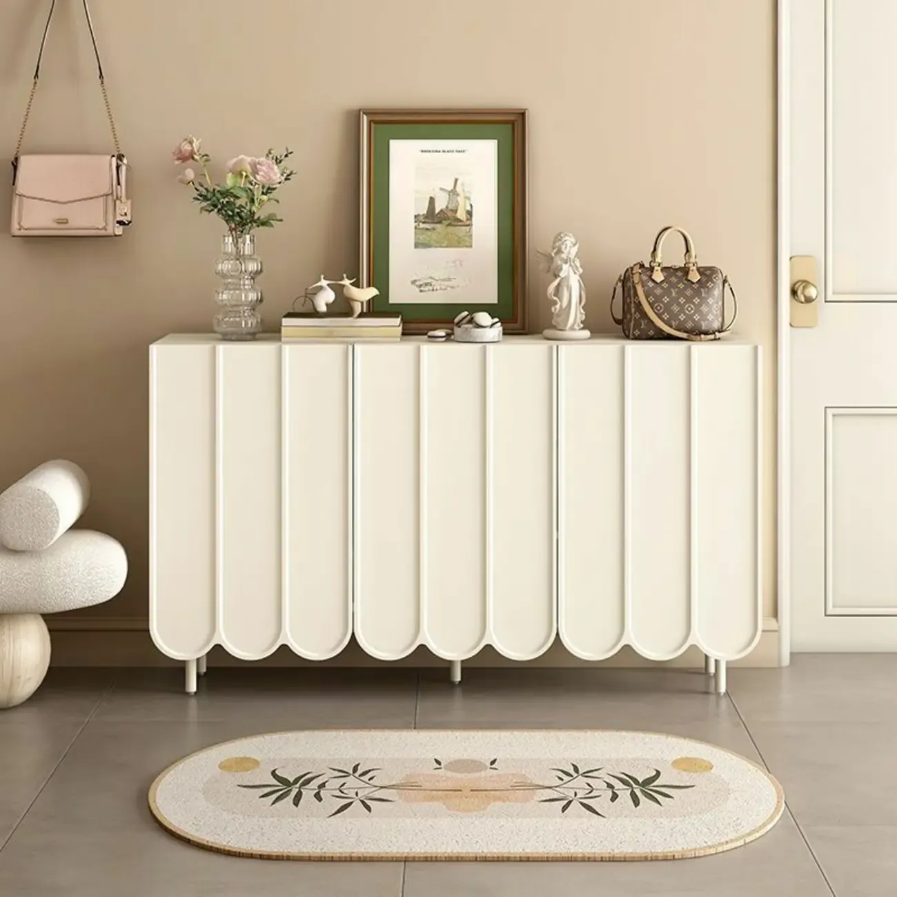Entryway White Wooden Fluted Front Shoe Cabinet Image - 7