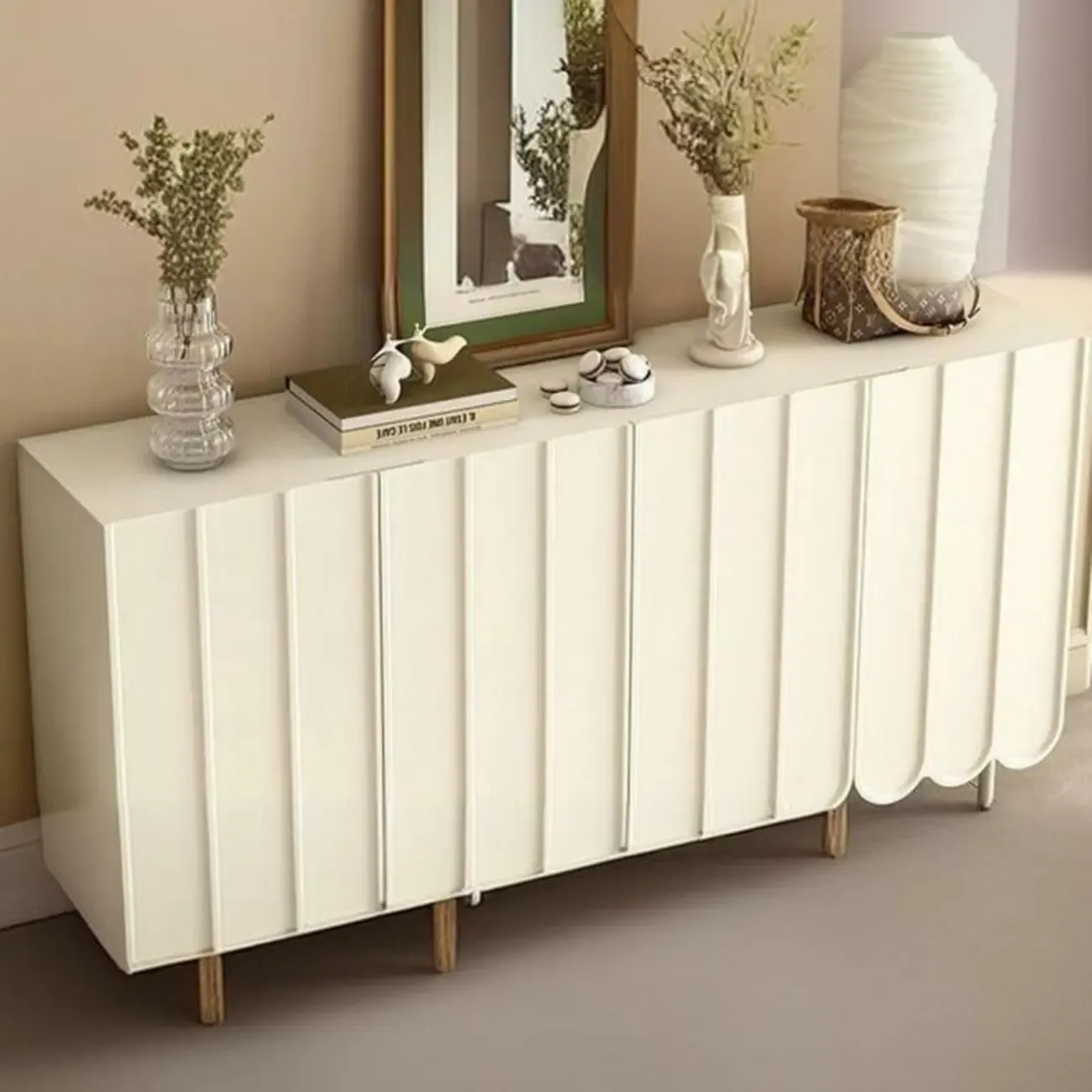 Entryway White Wooden Fluted Front Shoe Cabinet Image - 13