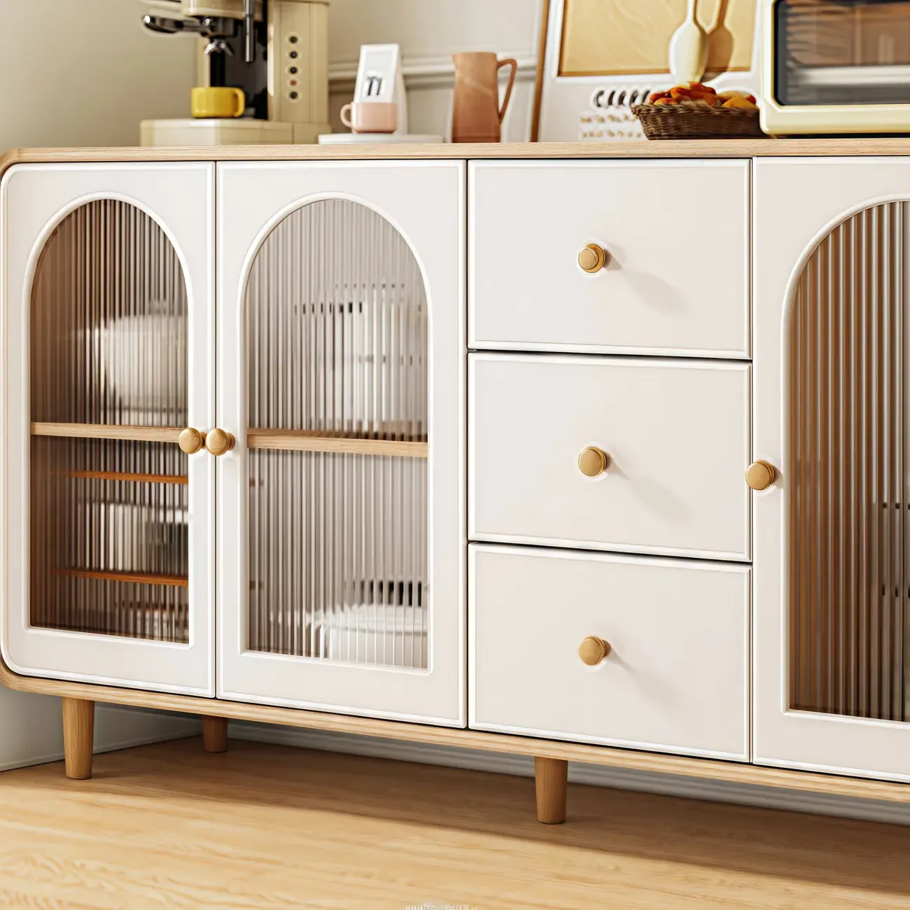 Natural Modern Wooden Buffet Cabinet with Glass Doors Image - 9