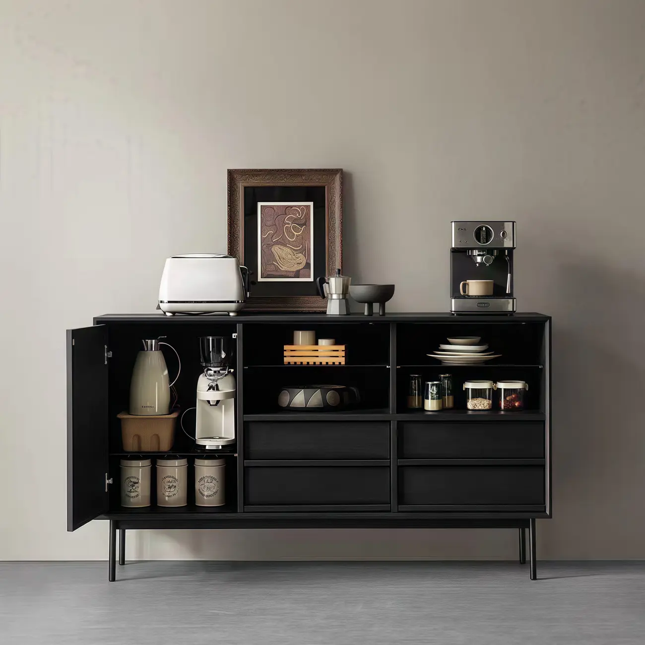 Sliding Door 4 Drawers Wood Black Sideboard Cabinet with Light Image - 2 | homeyfad