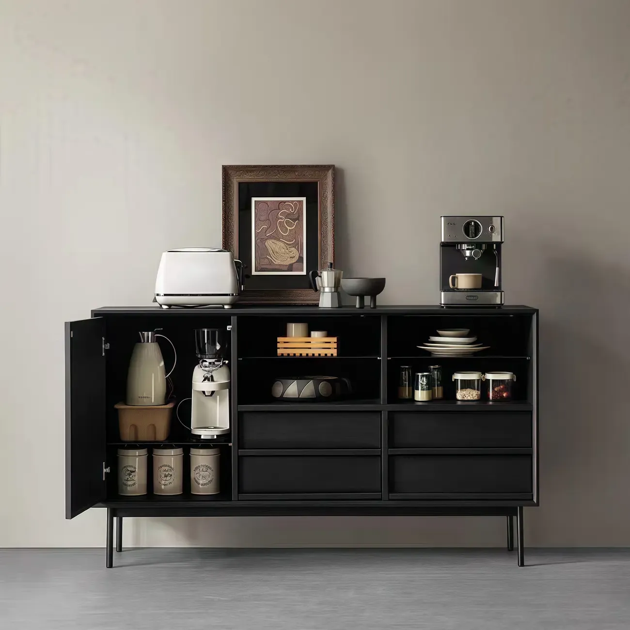 Sliding Door 4 Drawers Wood Black Sideboard Cabinet with Light Image - 2