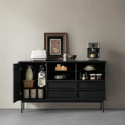 Sliding Door 4 Drawers Wood Black Sideboard Cabinet with Light Image - 2