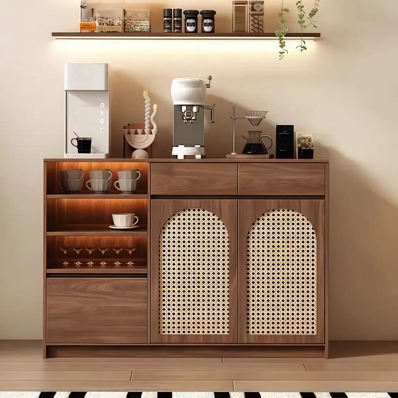 Medium Wood Rattan Kitchen Storage Cabinet in Natural Finish Image - 1