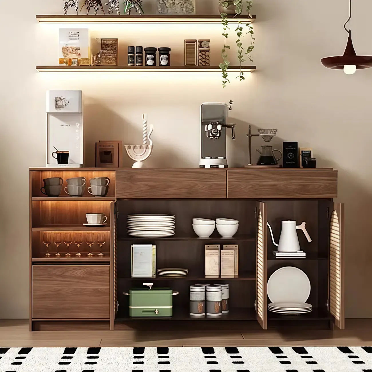 Medium Wood Rattan Kitchen Storage Cabinet in Natural Finish Image - 2