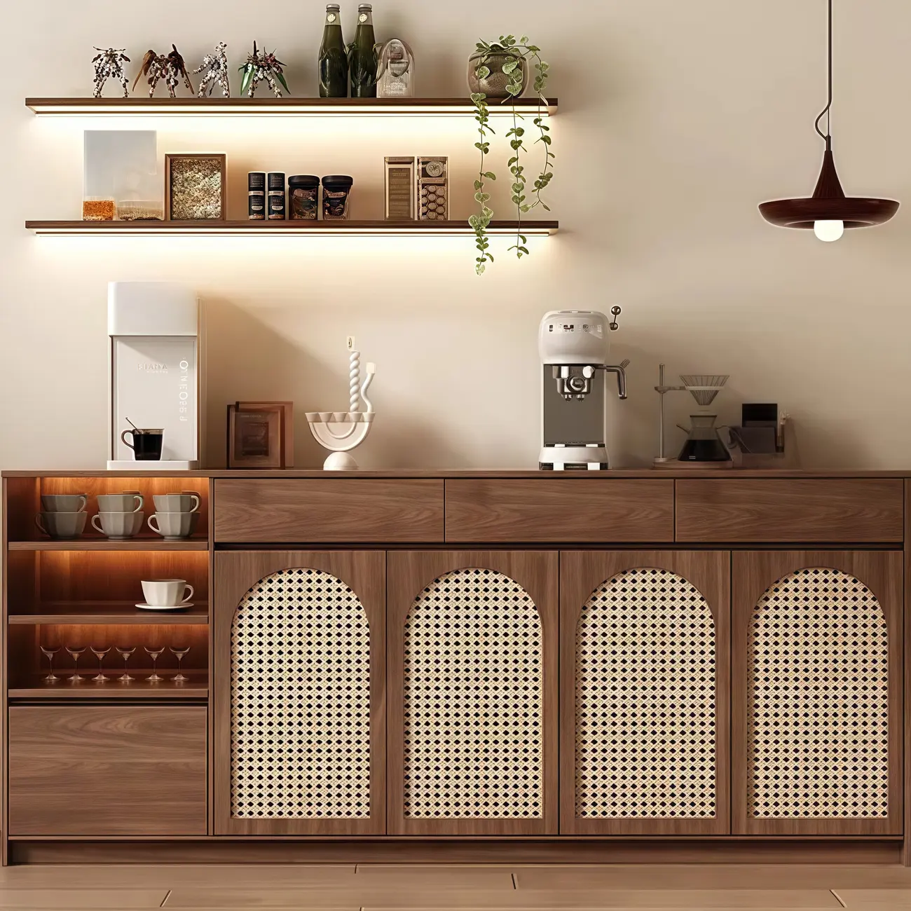 Medium Wood Rattan Kitchen Storage Cabinet in Natural Finish Image - 7 | homeyfad