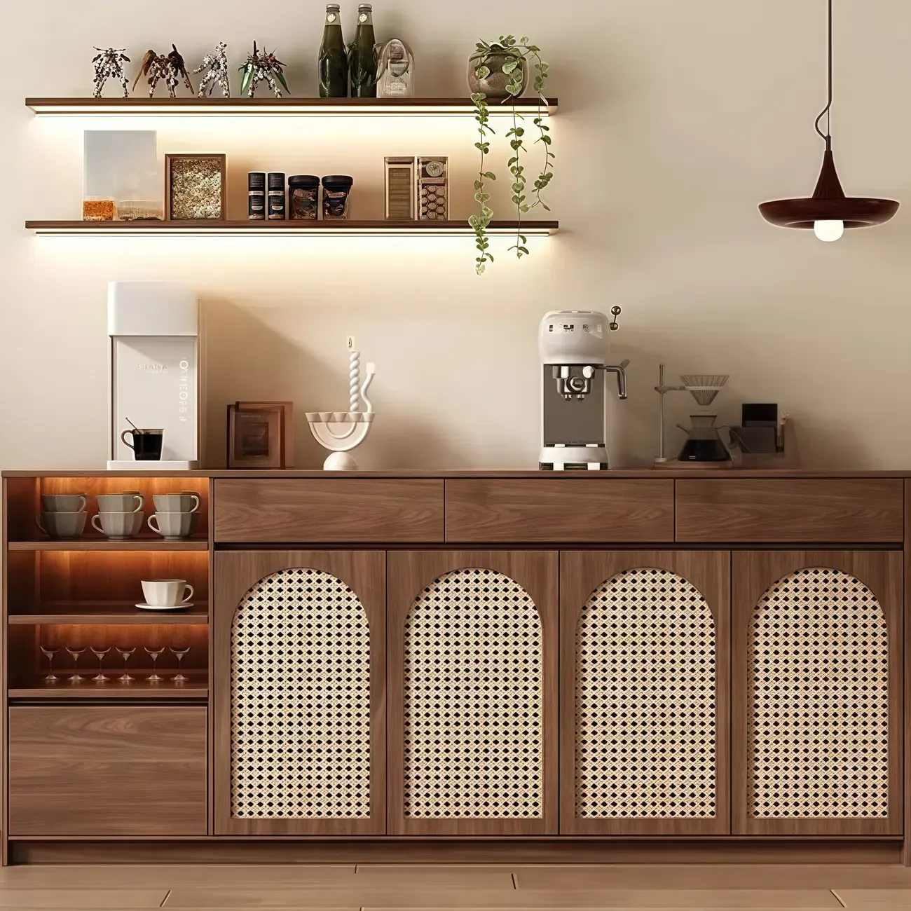 Medium Wood Rattan Kitchen Storage Cabinet in Natural Finish Image - 7