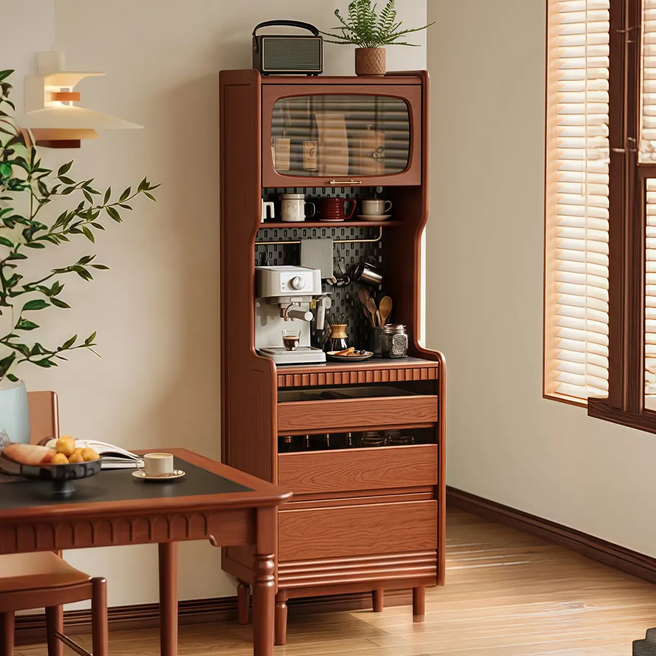 Narrow Brown Marble Countertop Wooden Display Buffet Image - 1