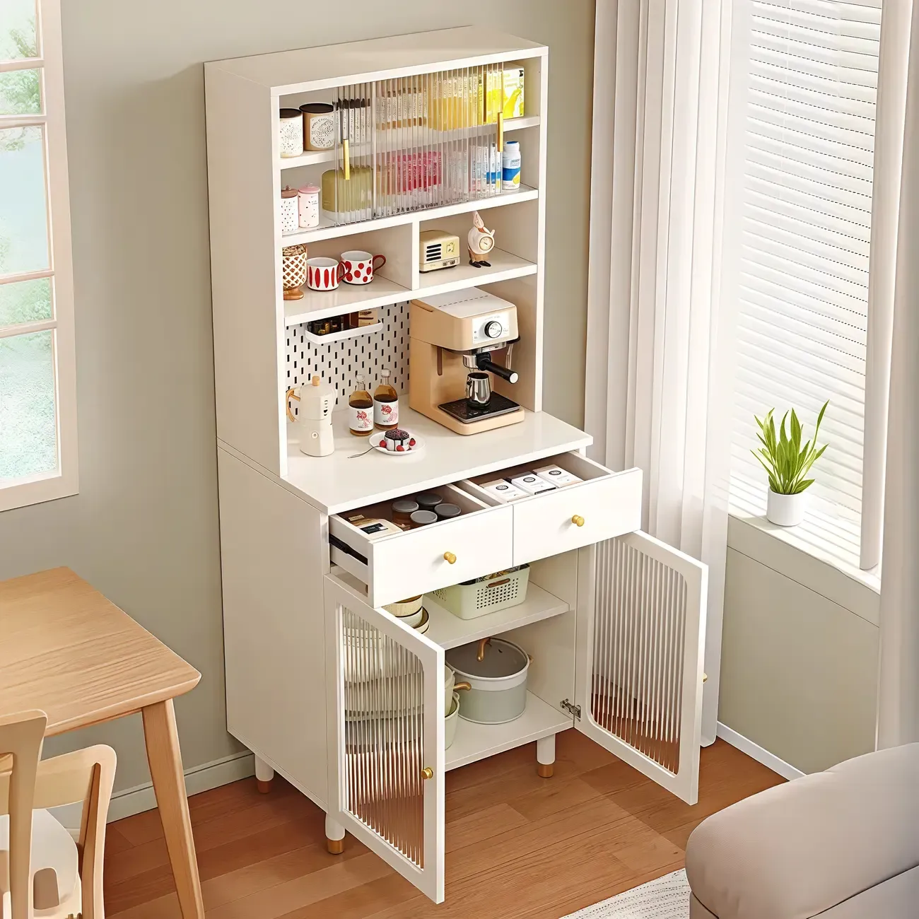 Freestanding Wooden Open Display Buffet Cabinet with Drawer Image - 4