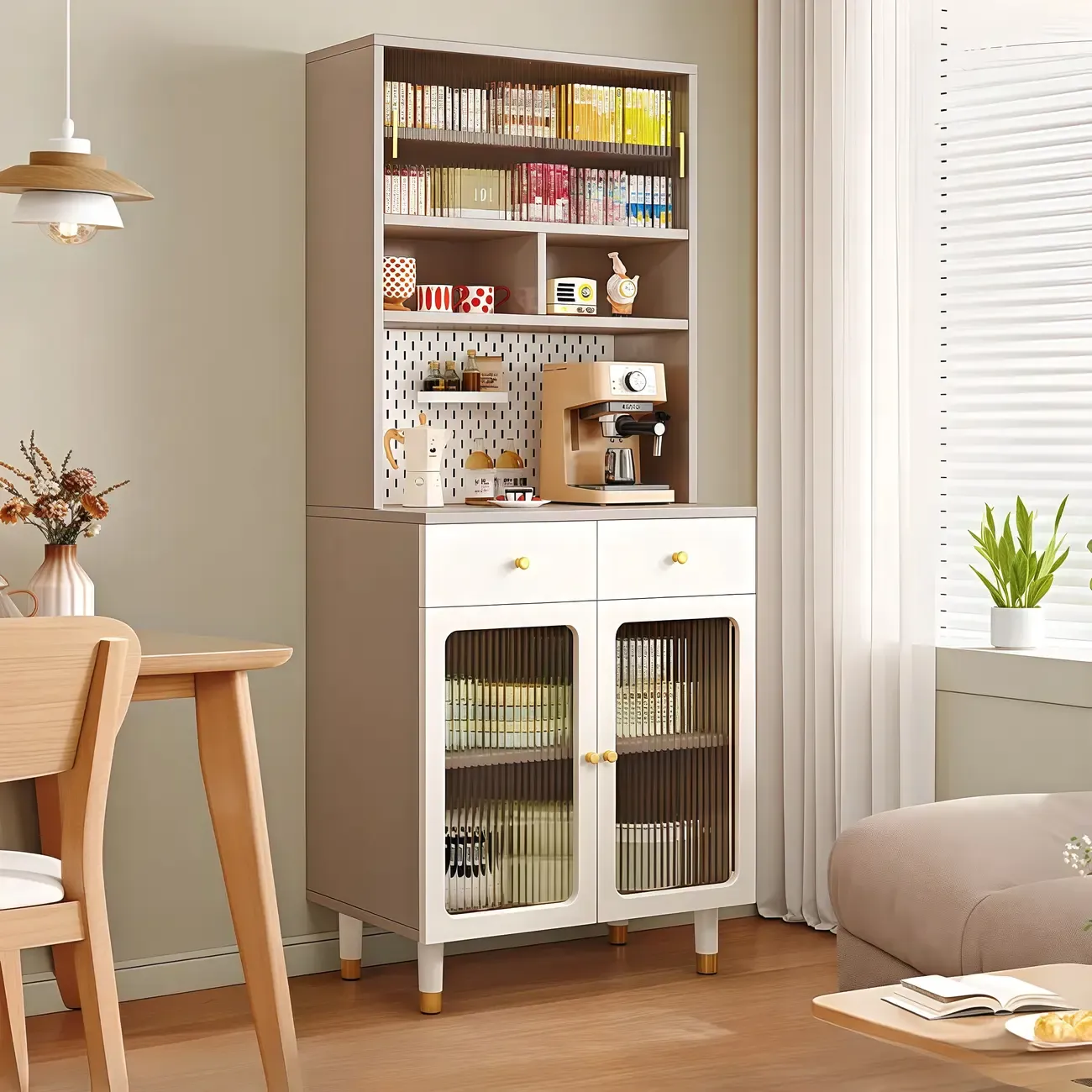 Freestanding Wooden Open Display Buffet Cabinet with Drawer Image - 3