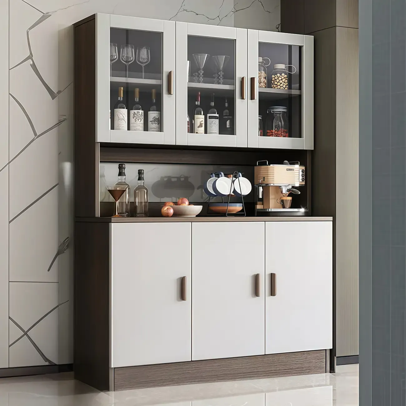 Large Wooden Glass Display Storage Adjustable Buffet Cabinet Image - 5