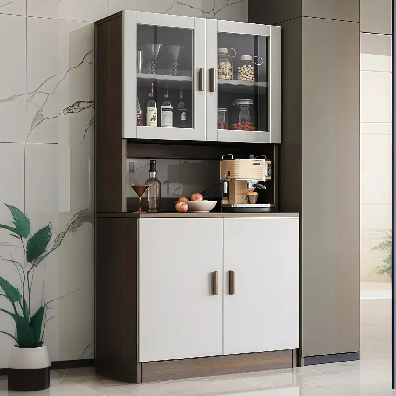 Large Wooden Glass Display Storage Adjustable Buffet Cabinet Image - 15