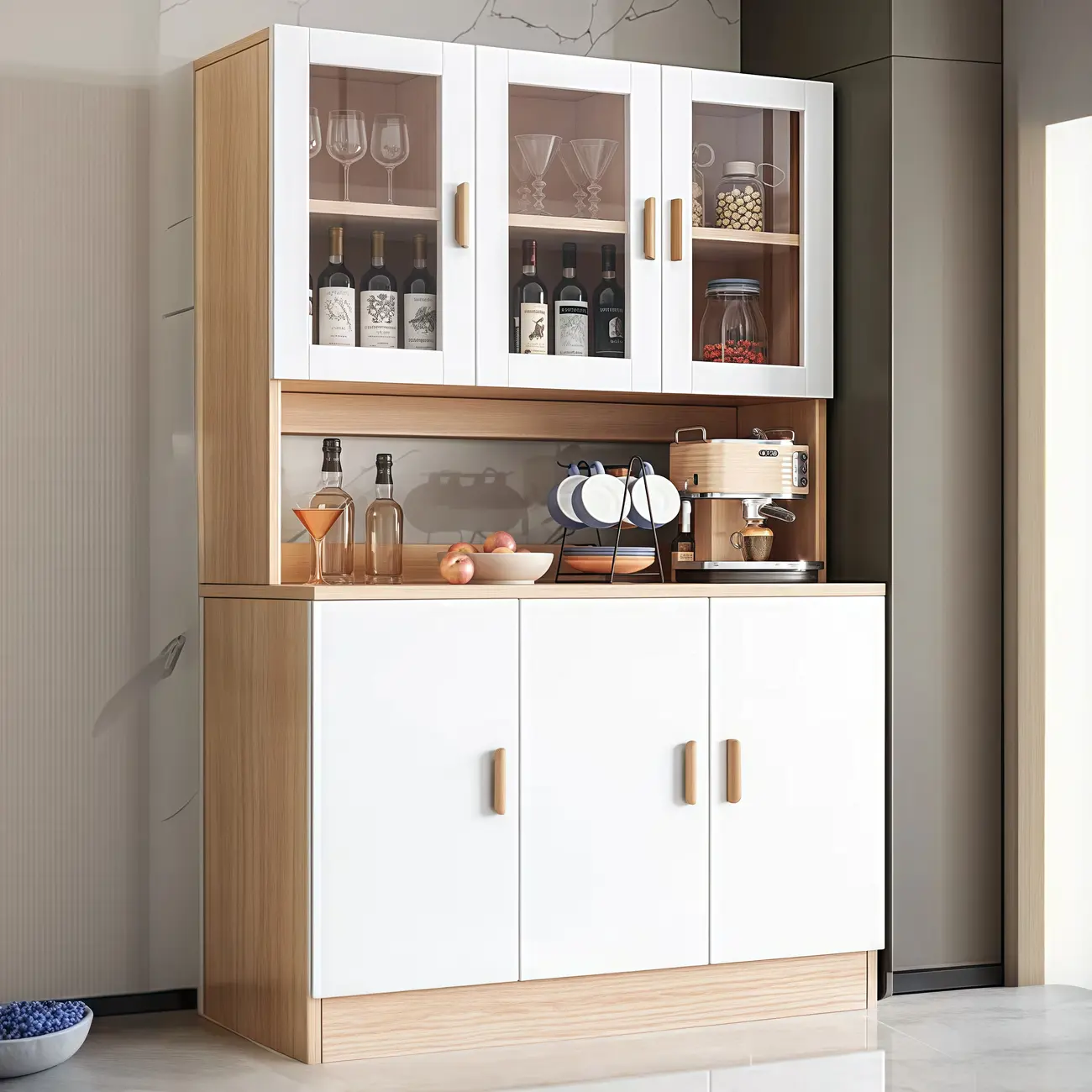 Large Wooden Glass Display Storage Adjustable Buffet Cabinet Image - 17 | homeyfad