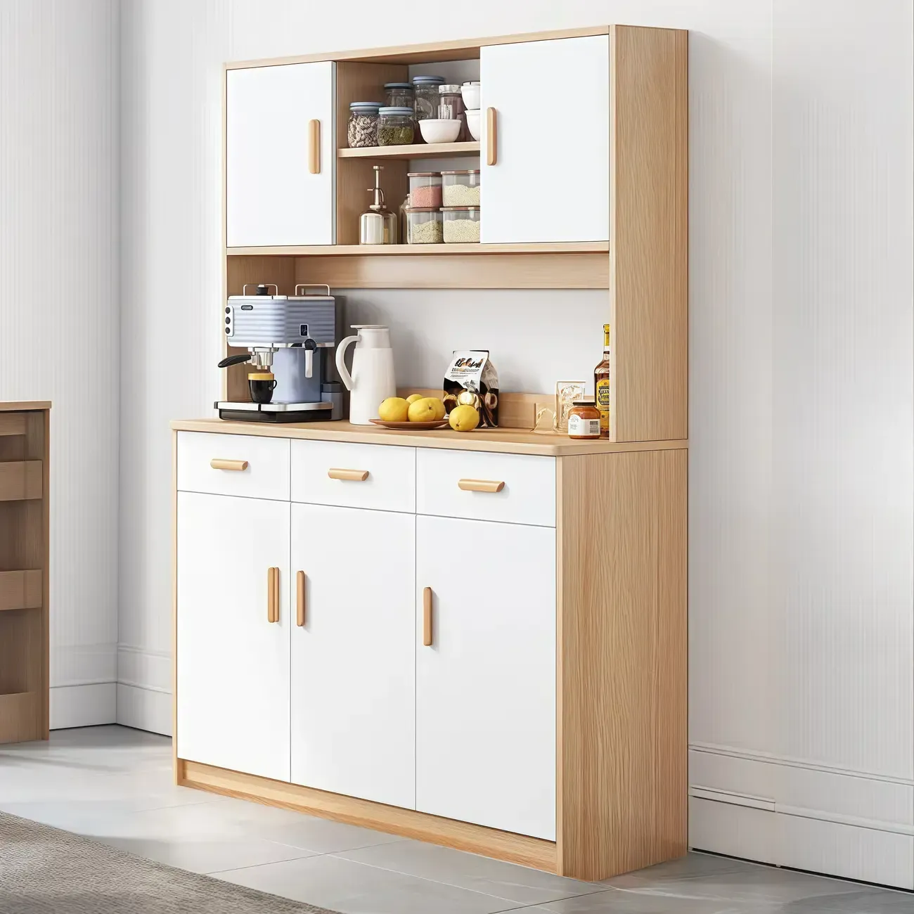 Large Wooden Glass Display Storage Adjustable Buffet Cabinet Image - 16