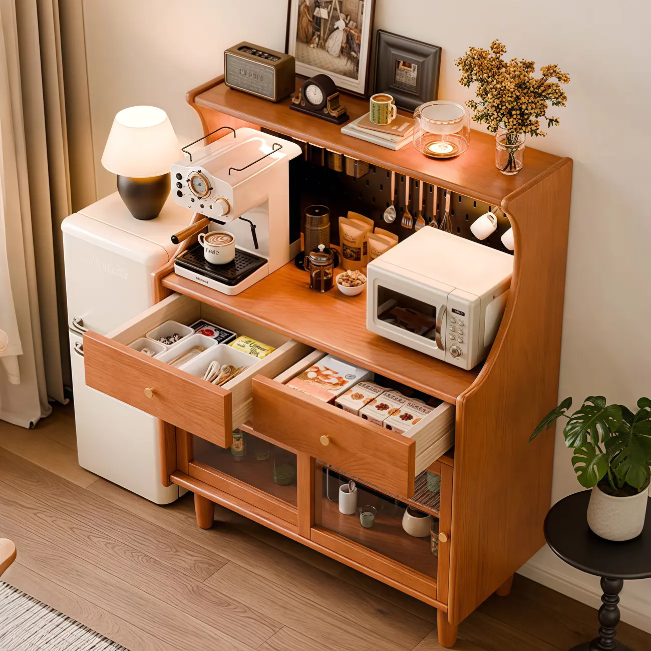 Lighting Cherry Wood 2-Drawer Open Storage Sideboard Image - 5 | homeyfad