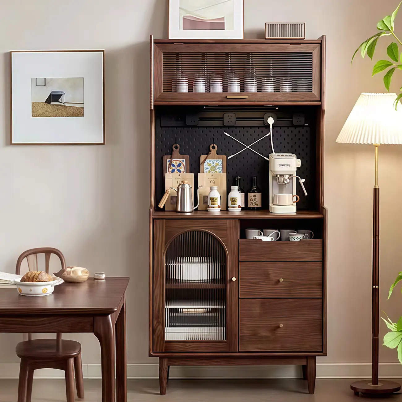 Lighting Brown Wooden Kitchen Buffet Cabinet with Hutch Image - 1 | homeyfad