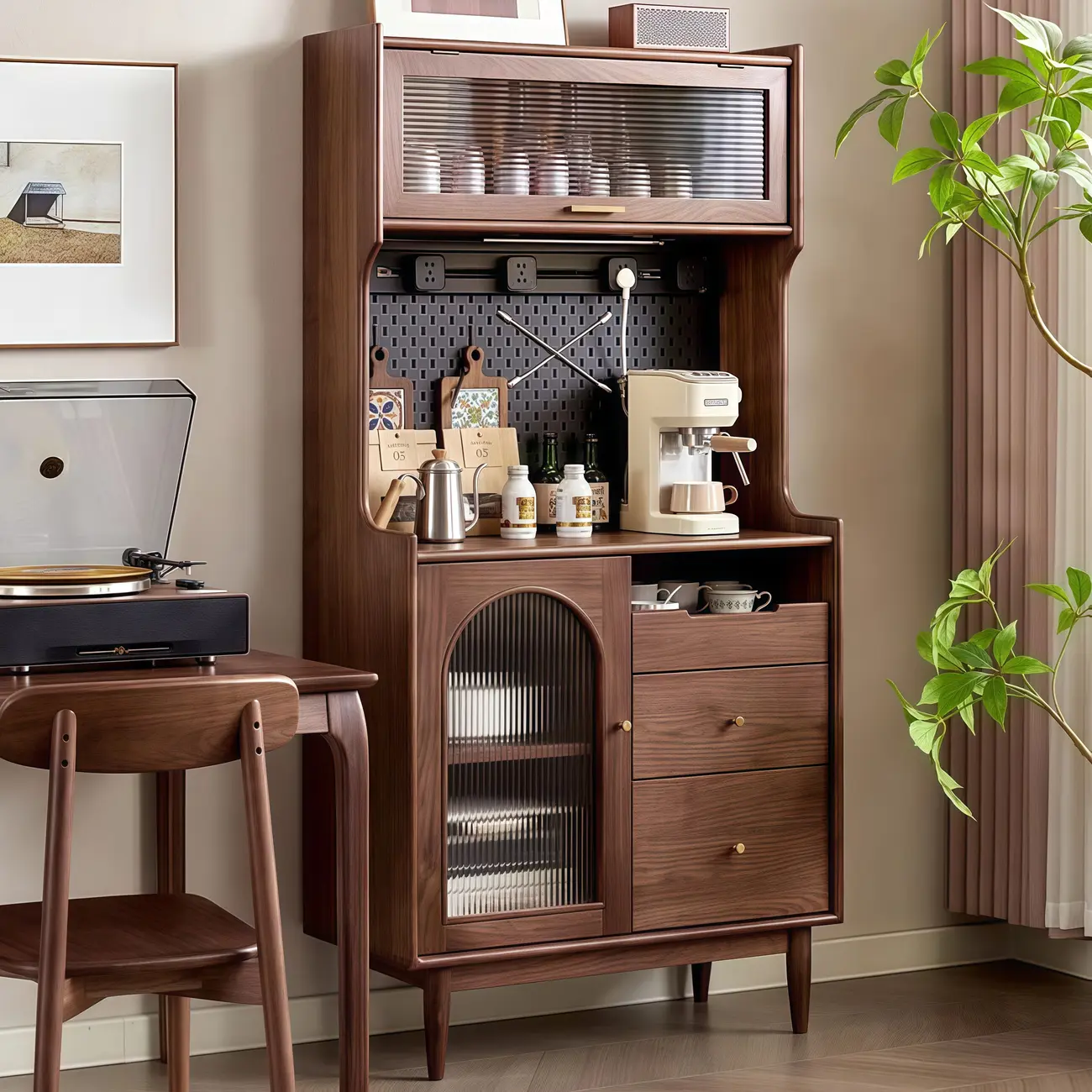 Lighting Brown Wooden Kitchen Buffet Cabinet with Hutch Image - 2 | homeyfad