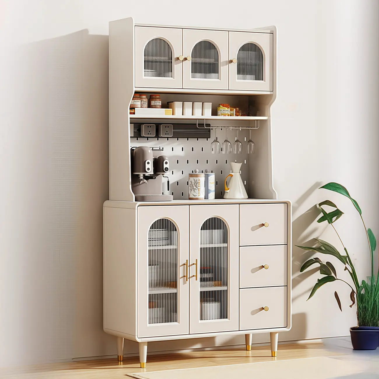 Multi-Functional White Wood Arched Glass Door Sideboard Cabinet Image - 1 | homeyfad