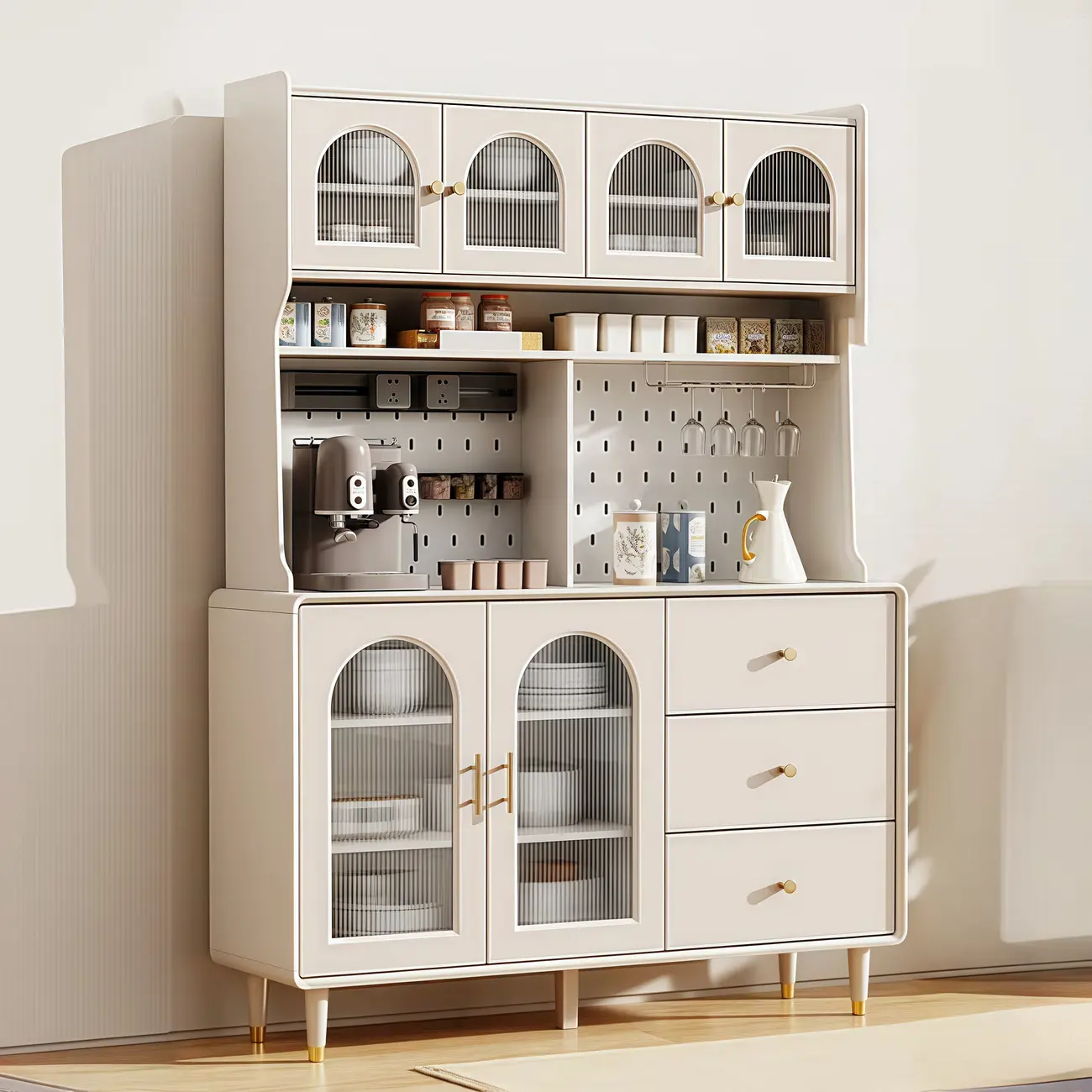 Multi-Functional White Wood Arched Glass Door Sideboard Cabinet Image - 2 | homeyfad