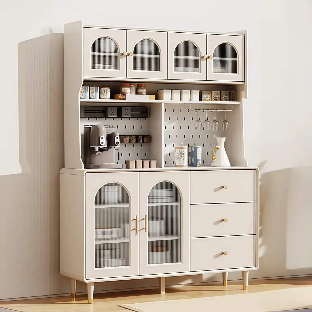 Multi-Functional White Wood Arched Glass Door Sideboard Cabinet Image - 2