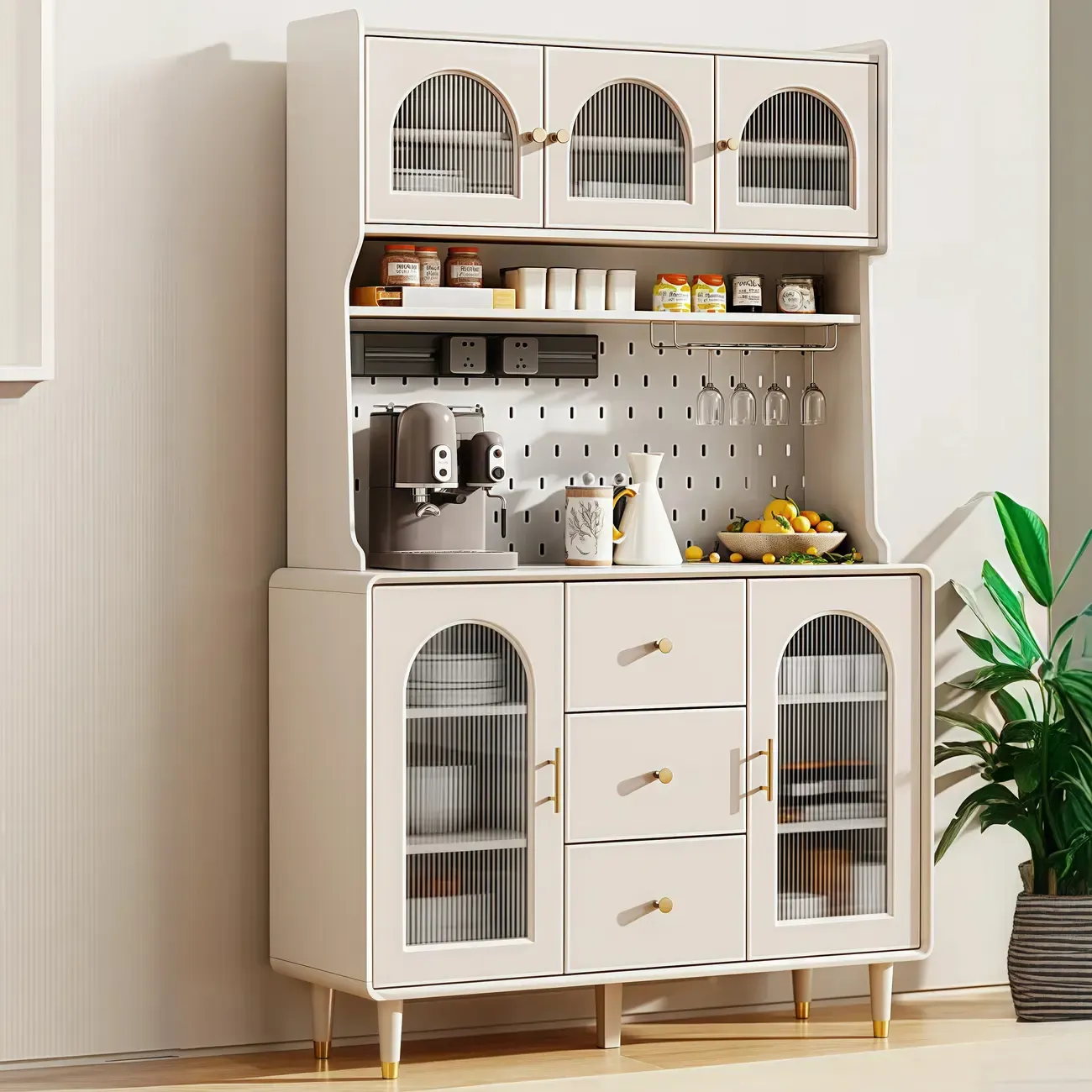 Multi-Functional White Wood Arched Glass Door Sideboard Cabinet Image - 3