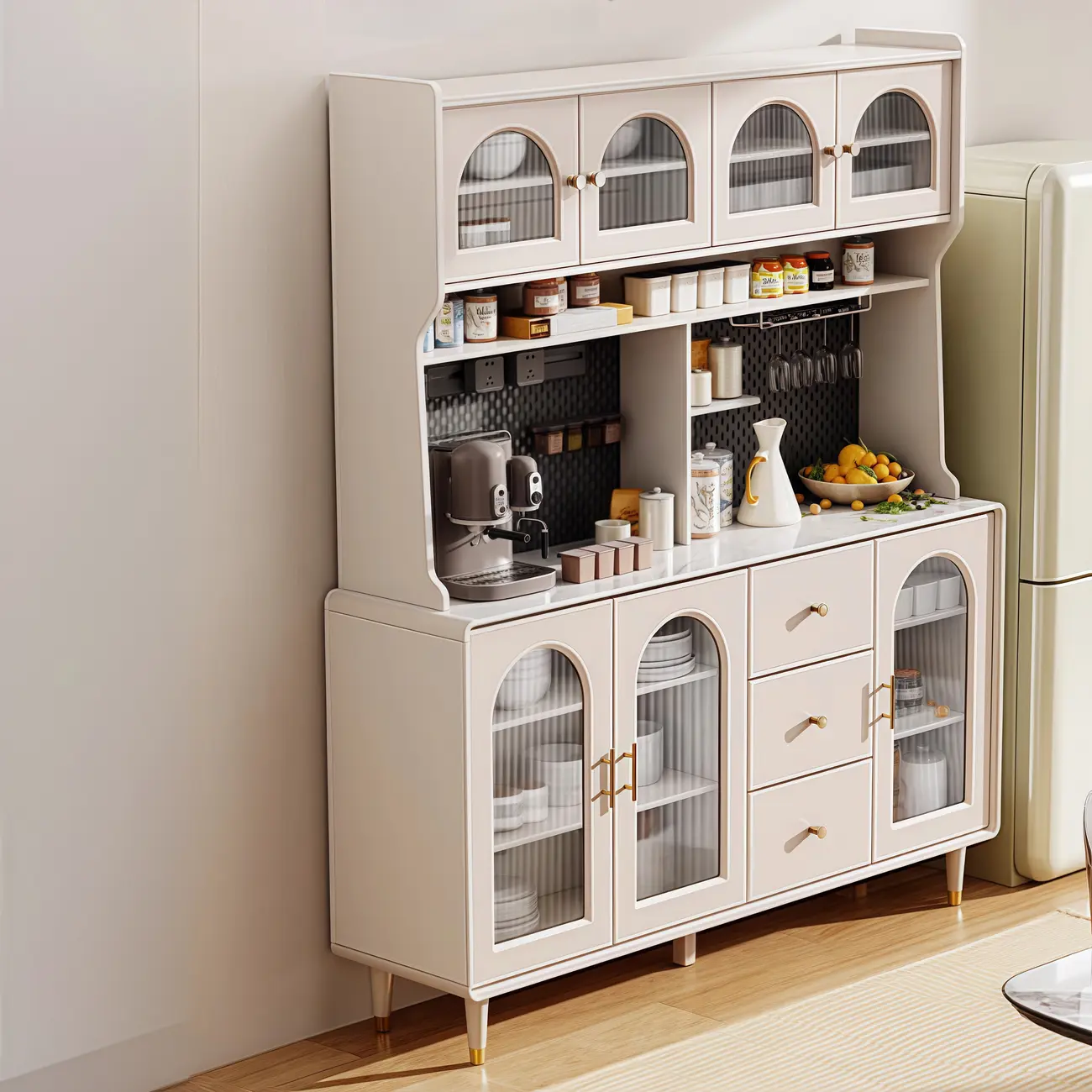 Multi-Functional White Wood Arched Glass Door Sideboard Cabinet Image - 4 | homeyfad